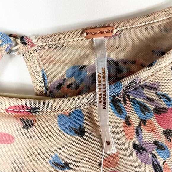 Free People Briella Dress Ruched Midi Tea Combo Floral Side Slit Puff Sleeve M - Picture 10 of 15